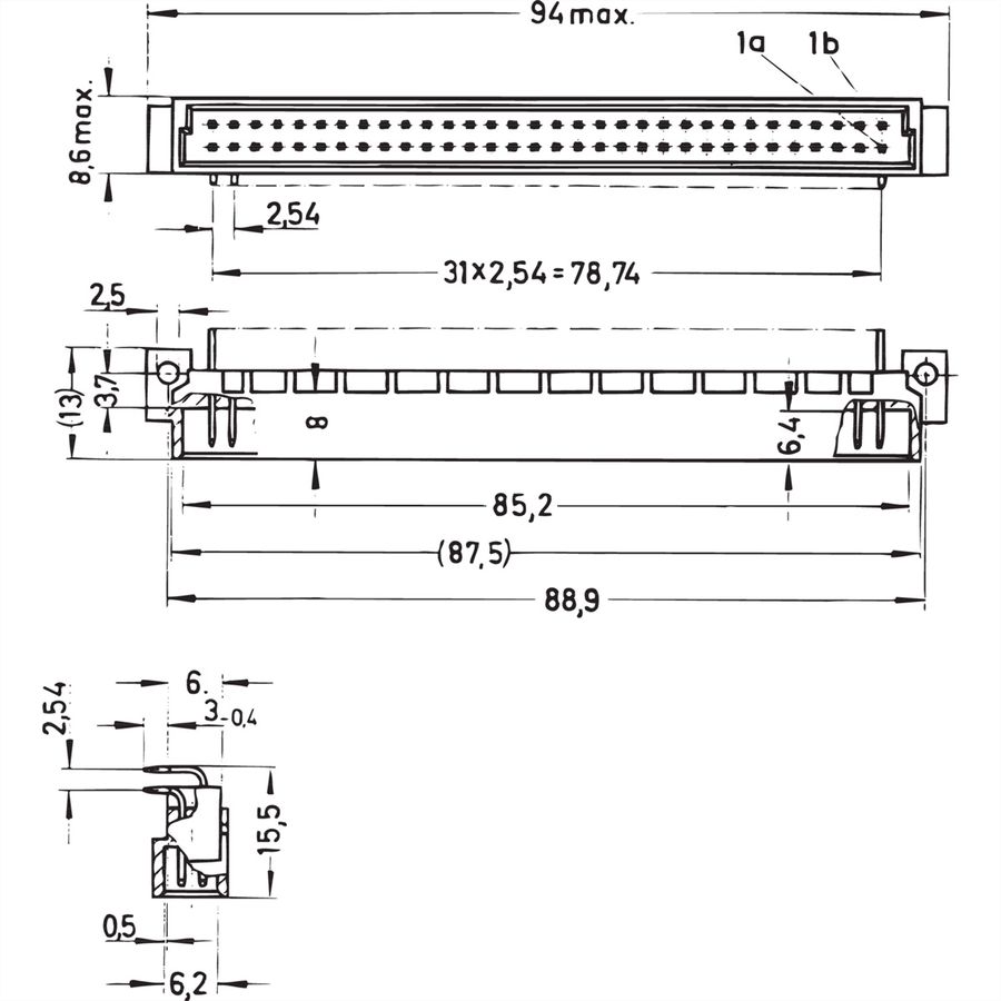 Connecteur SCHROFF Type B, EN 60603, DIN 41612, mâle, 64 contacts, broches à souder, 3 mm