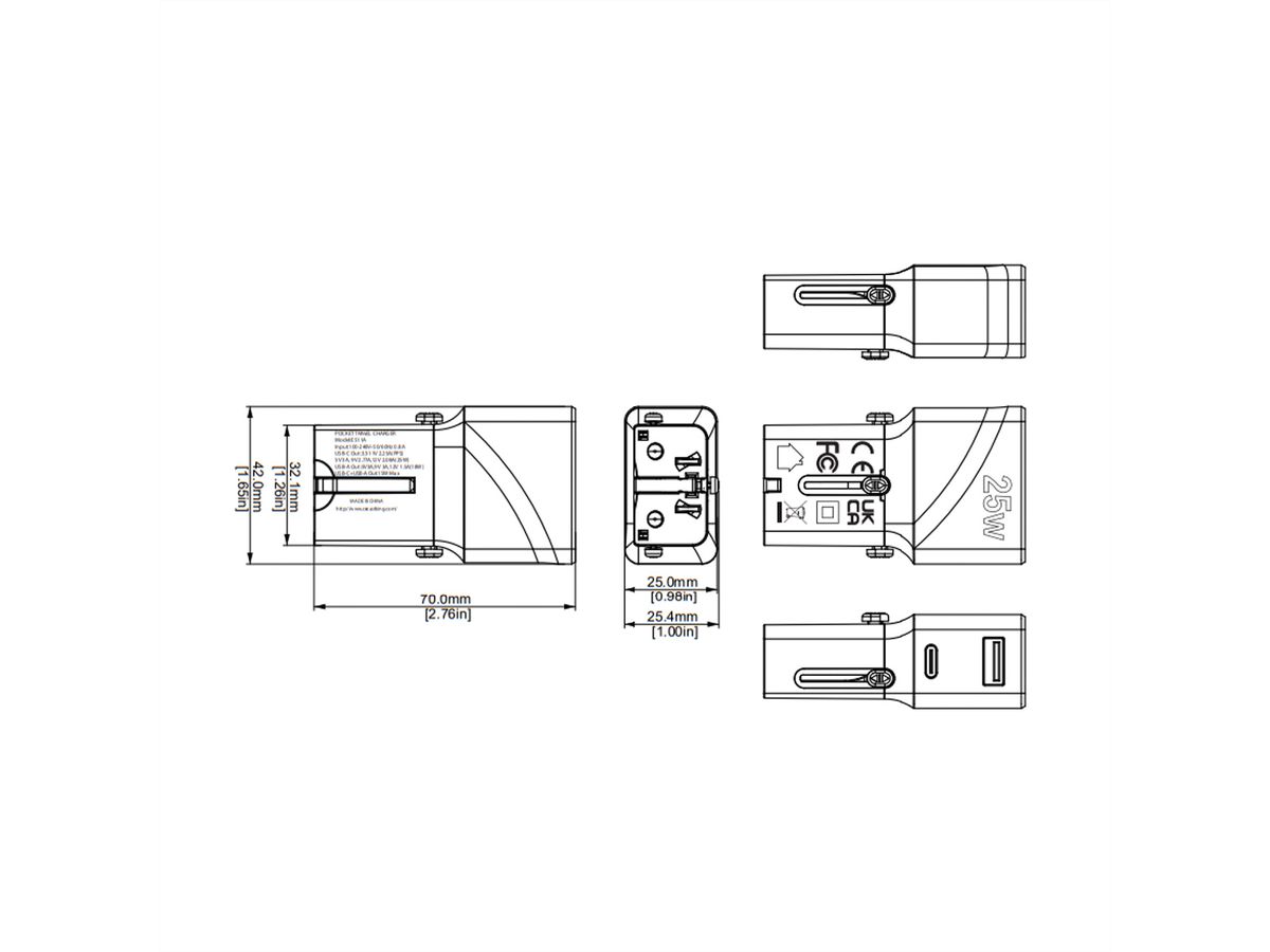ROLINE Chargeur de voyage USB avec prise UK/US/Euro, 2 ports, 1x QC3.0 A + 1x C (PD), 25W