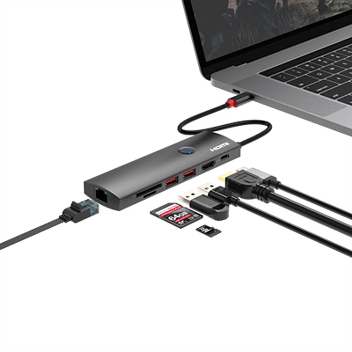 ROLINE Station d'accueil USB 3.2 Gen 2 type C multiports, HDMI 4K60, USB 3.2 Gen2, USB-C PD, LAN, SD-Card Reader