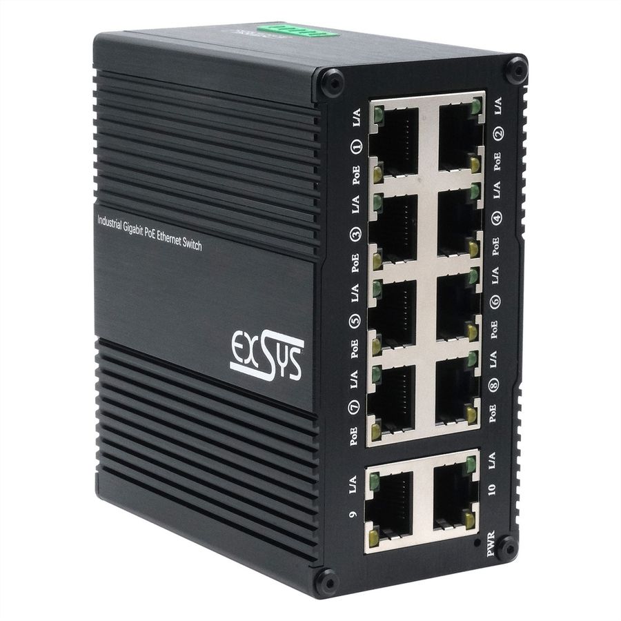 EXSYS EX-62026PoE Mini-commutateur Gigabit PoE industriel à 10 ports, 8x PoE + 2x 10/100/1000Tx