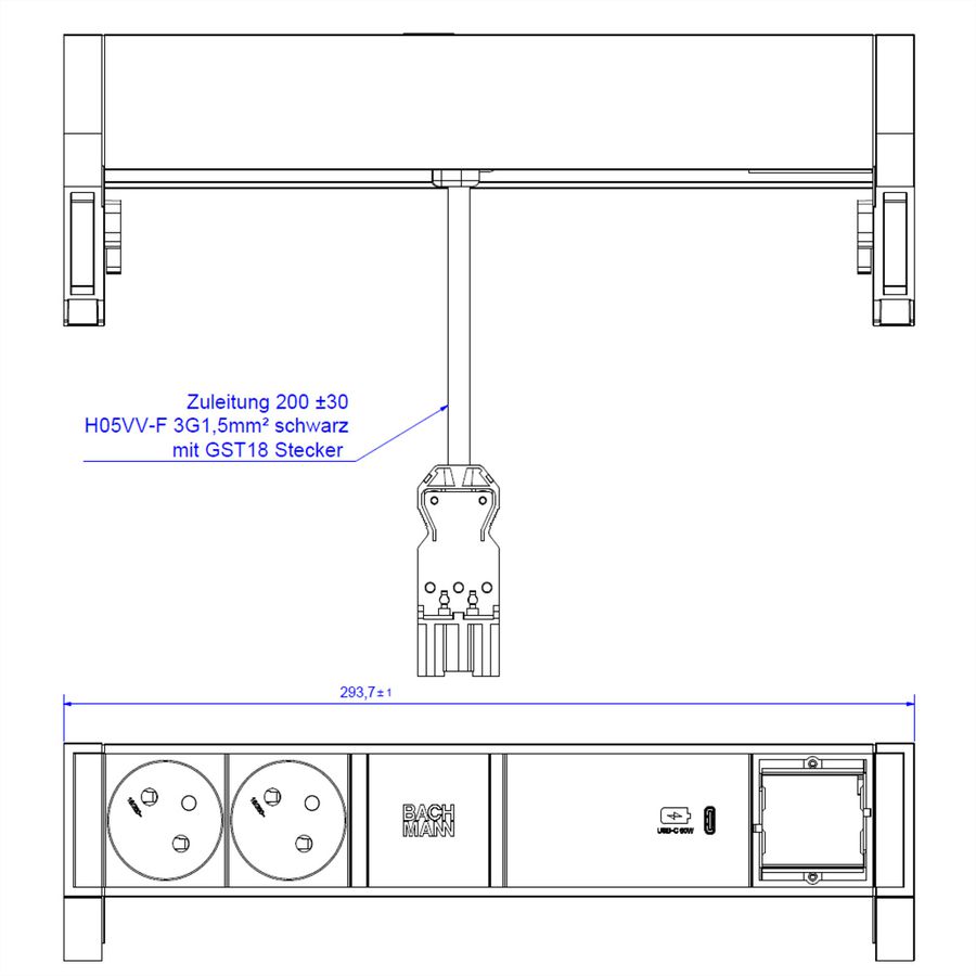 BACHMANN DESK2 2xUTE 1xUSB C 60W 1xCM 0,2m GST18 RAL9010