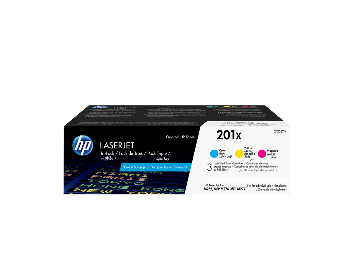 HP 201X LaserJet, lot de 3 cartouches de toner grande capacité authentiques, cyan/magenta/jaune
