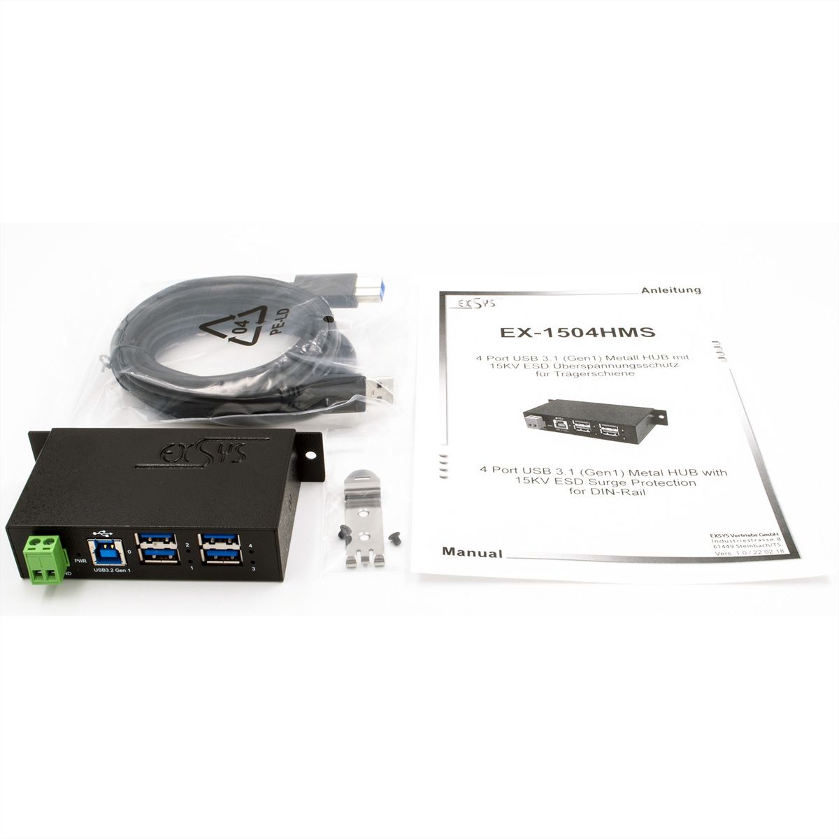 EXSYS EX-1504HMS Hub USB 3.2 Gen1 métallique géré à 4 ports, avec protection de surtension 15KV EDS