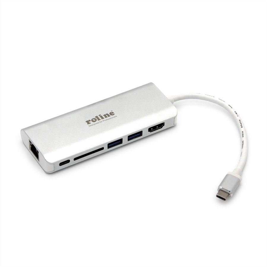 ROLINE Station d'accueil USB type C, 4K HDMI, 2x USB 3.2 Gen 1,1x lecteur SD/MicroSD, 1x USB-C PD, 1 x Gigabit Ethernet