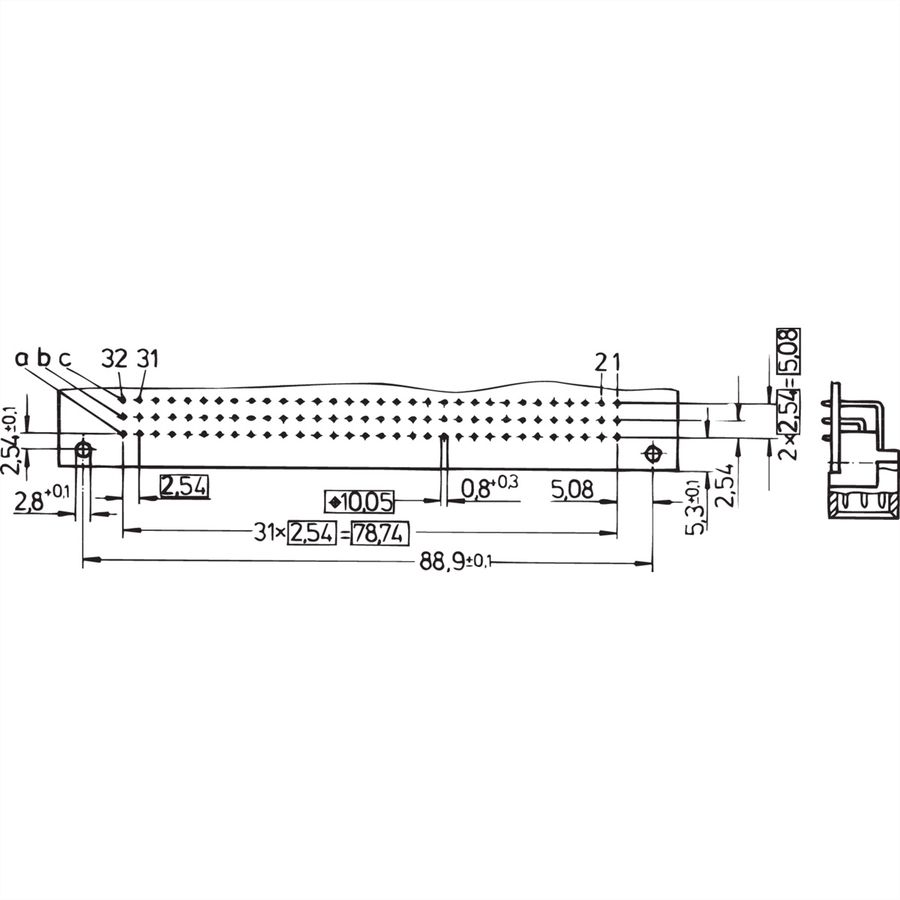 Connecteur SCHROFF de type C, EN 60603, DIN 41612, mâle, 64 contacts, broches à souder, 3 mm