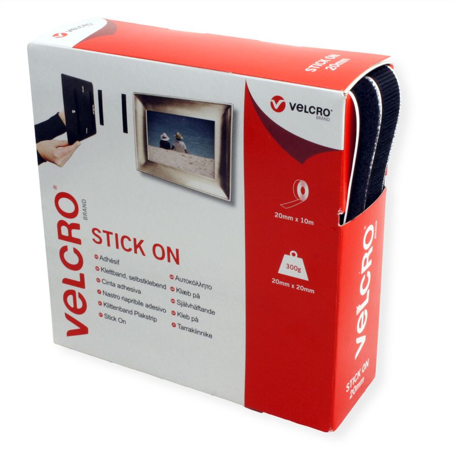 VELCRO® Bande 20mmx10m noir, crochets & velours autocollants