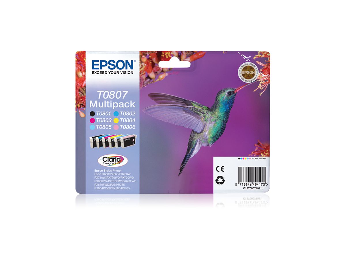 Epson Hummingbird Multipack "Colibri" (T0807) - Encres Claria N, C, M, J, Cc, Mc