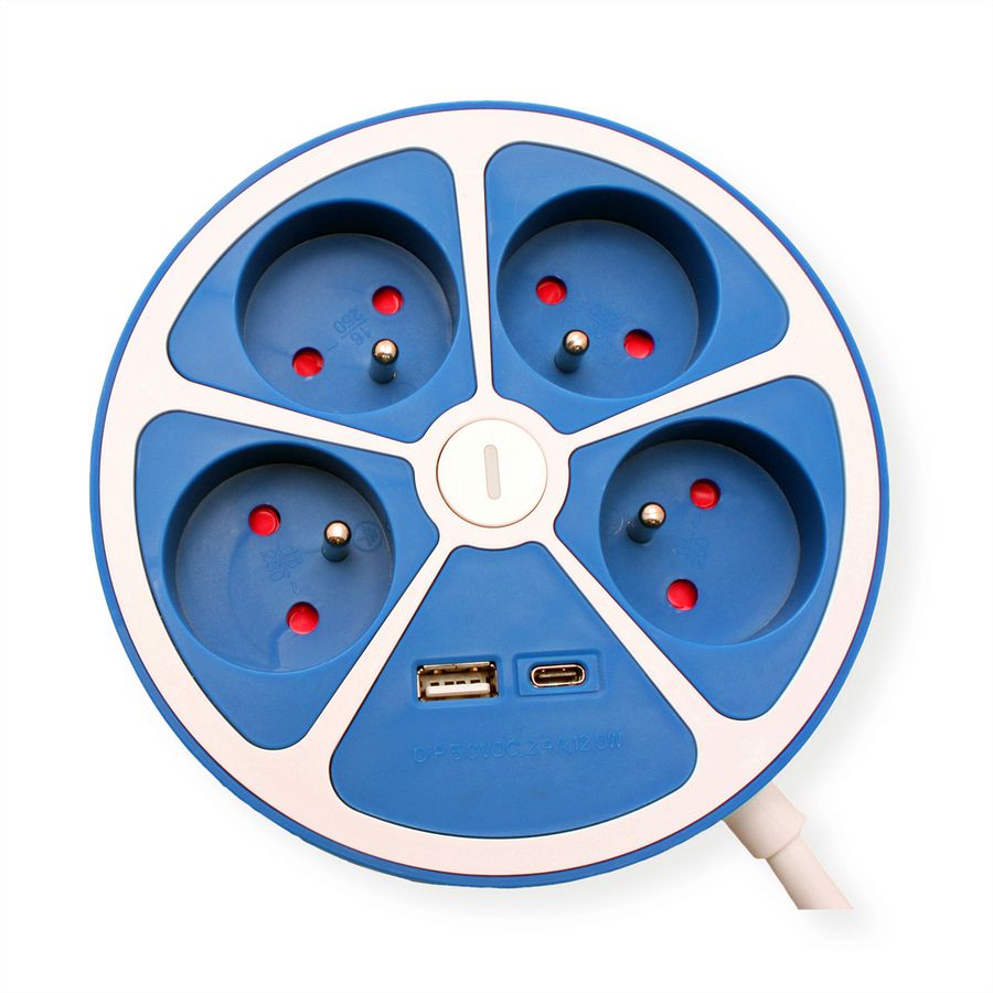 ROLINE Prise multiple, 4 ports avec interrupteur, rond, Version UTE, Fast Charger, 1x USB A+C, bleu, 1,5 m