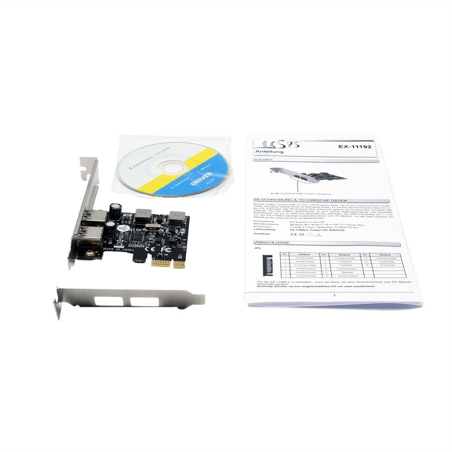 EXSYS EX-11192 Carte PCIe 2 ports USB 3.2 Gen 1 avec Self Power