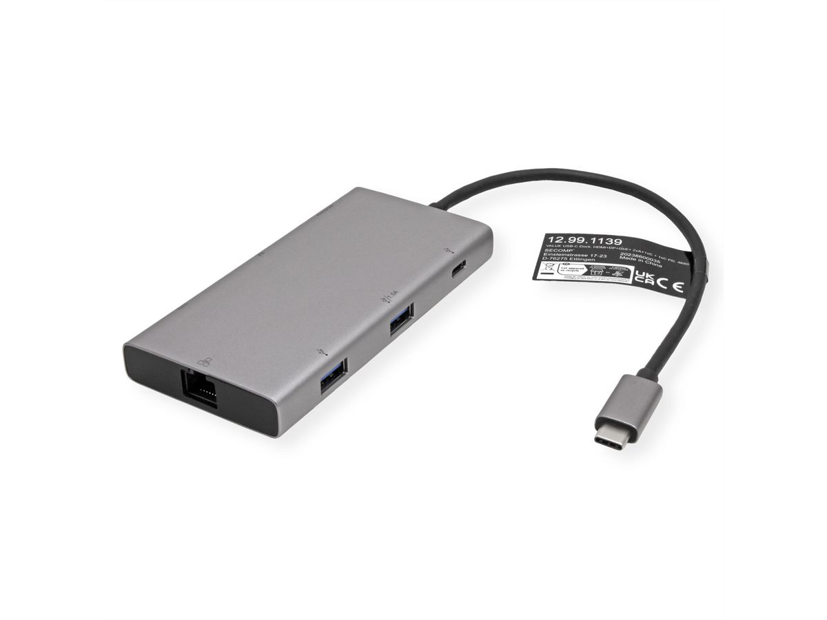 VALUE Station d'accueil USB type C, HDMI+DP, 4K60, 3x US3.2Gen1 (1x C + 2x A), 1x PD, 1x RJ45