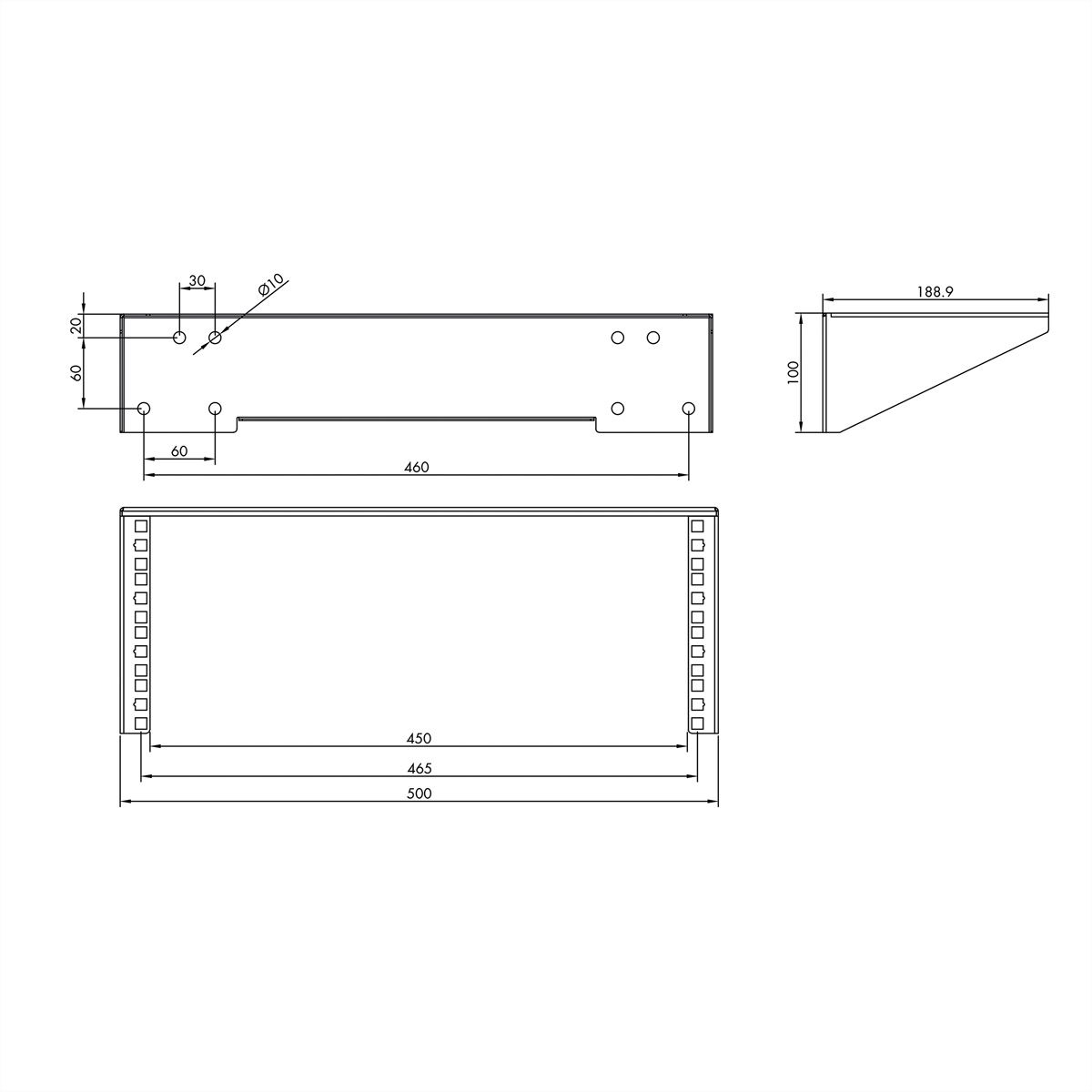 Support 19" mural / sous le bureau, 4 UH, noir