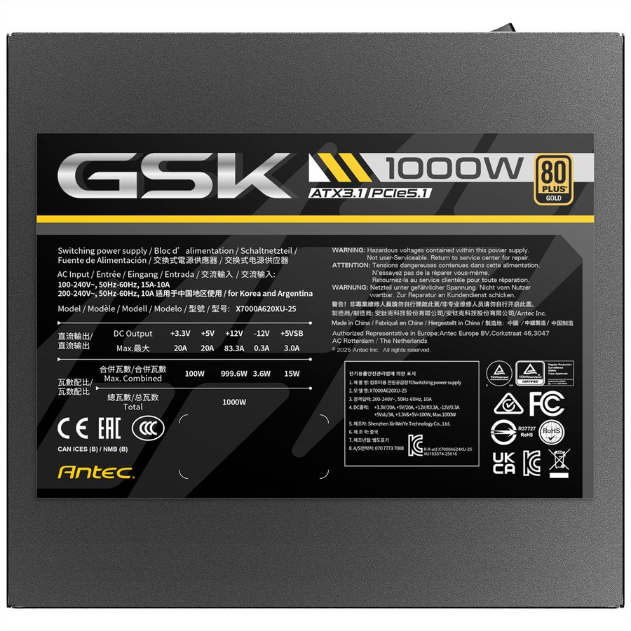 ANTEC GSK 1000 ATX3.1 Bloc d'alimentation 1000 W entièrement modulaire, certifié 80 PLUS Gold , noir