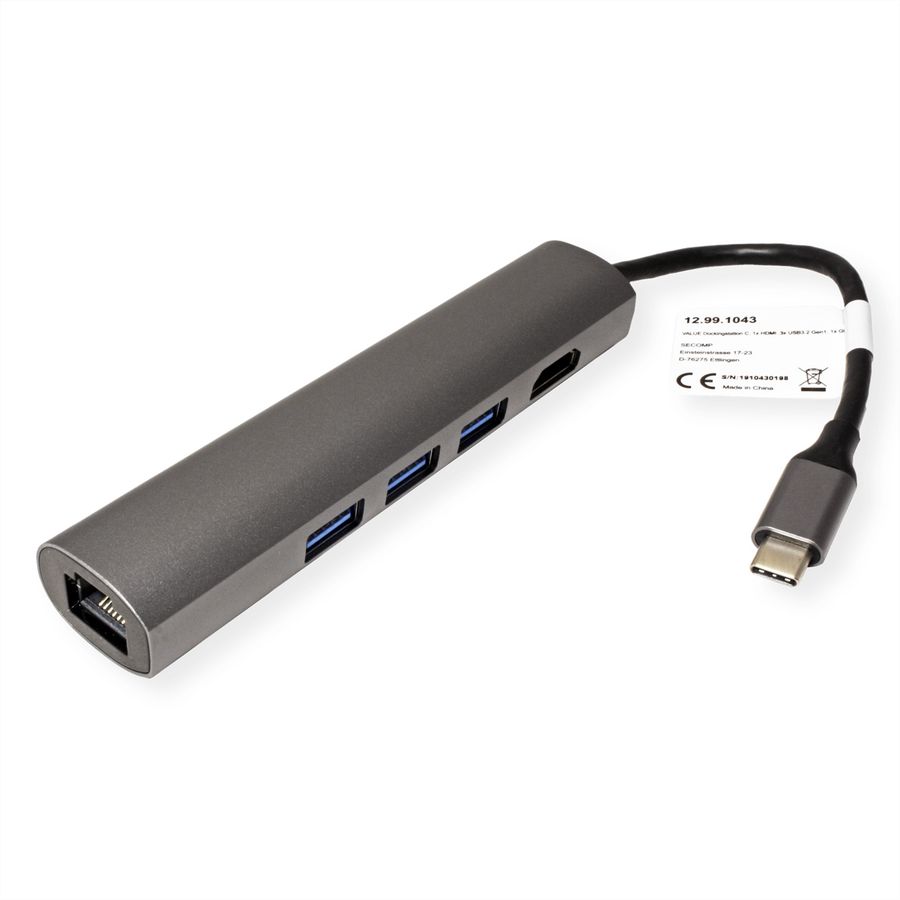 VALUE Station d'accueil USB-C, 4K HDMI, 3x USB type A, Gigabit Ethernet, gris