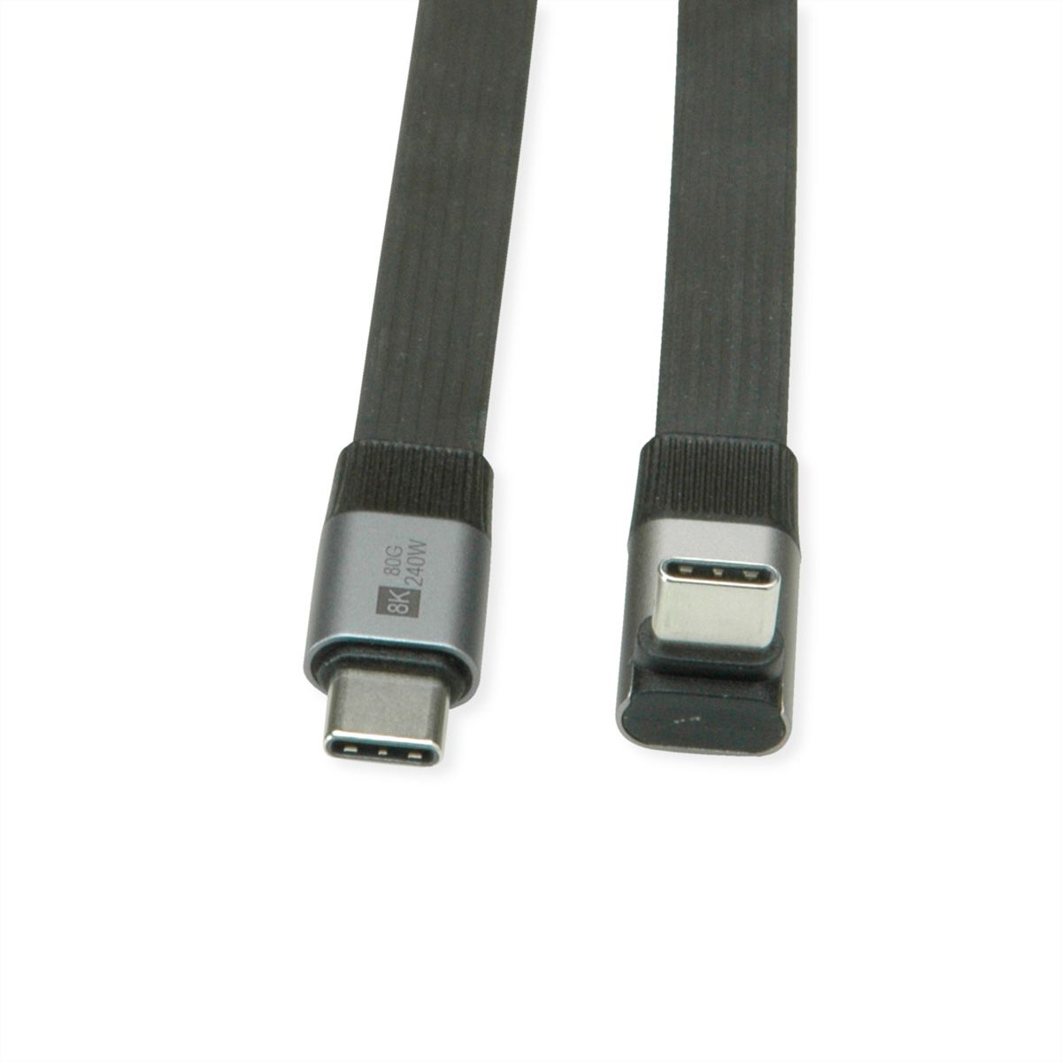 ROLINE Câble USB4 2.0 plat, C–C, M/M, 8K UHD-2, 80Gbit/s, 240W, un côté coudé à 270°, noir, 0,8 m