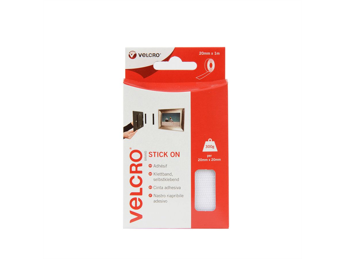 VELCRO® Bande 20mmx1m blanc, crochets & velours autocollants