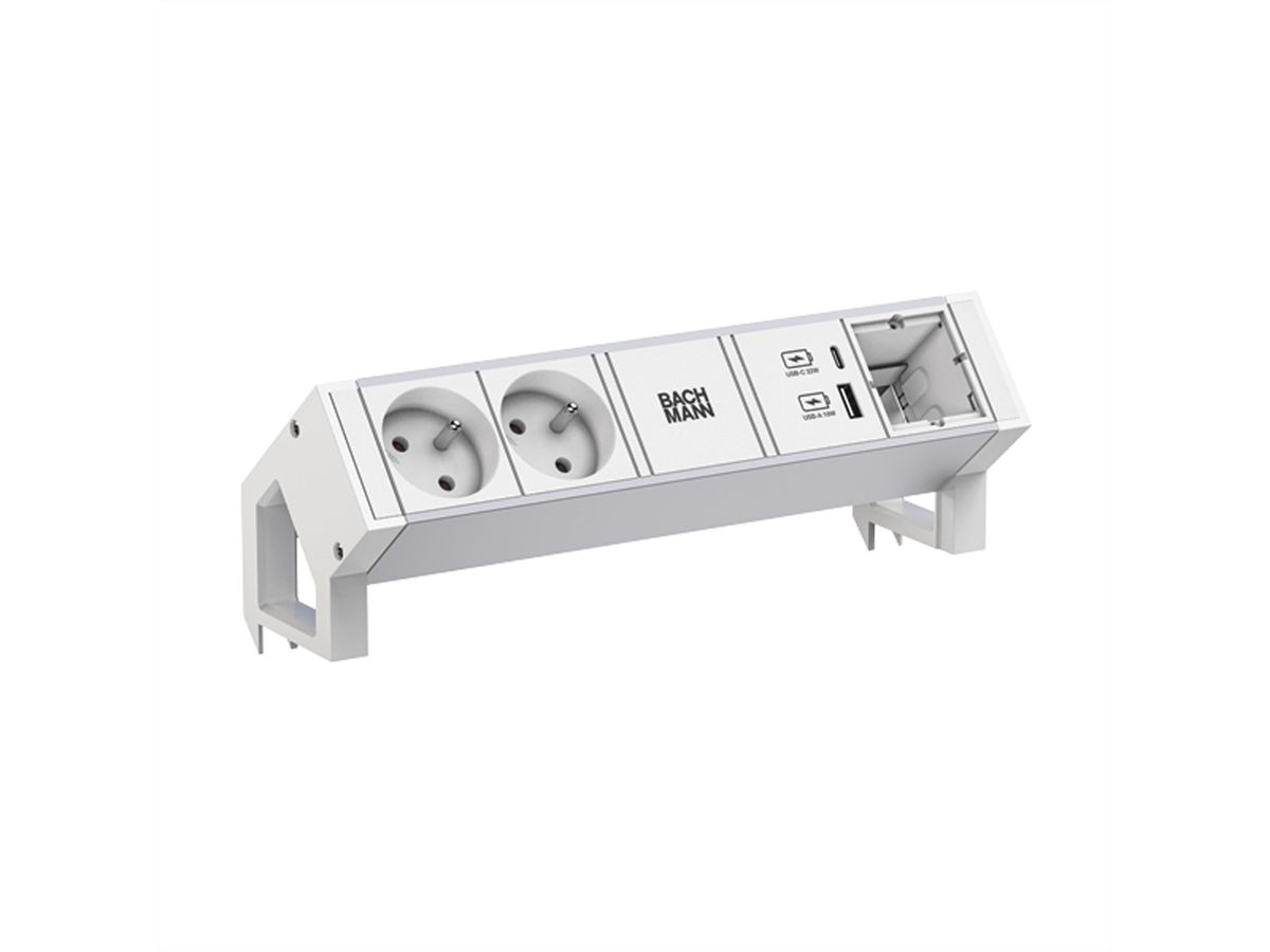 BACHMANN DESK2 ALU WHITE 2xUTE 1xCM 1xUSB A/C 22W 0,2m GST18