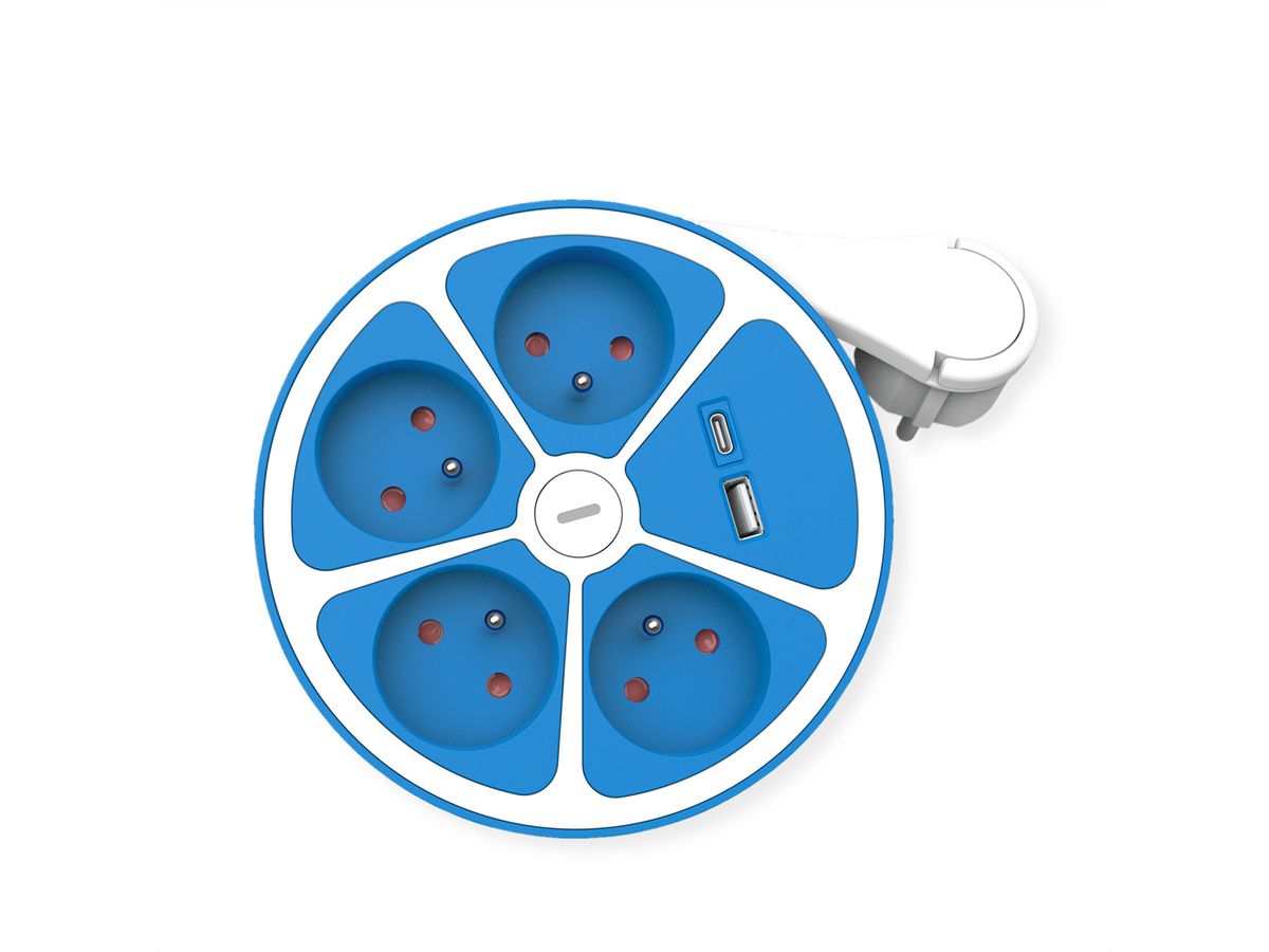 ROLINE Prise multiple, 4 ports avec interrupteur, rond, Version UTE, Fast Charger, 1x USB A+C, bleu, 3 m
