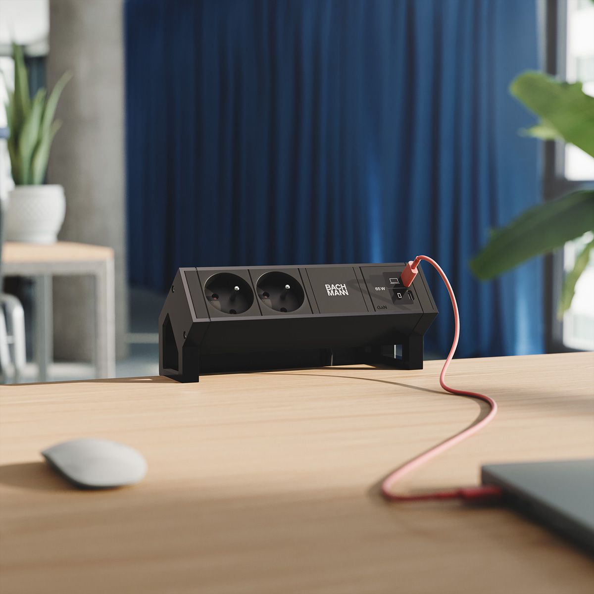 BACHMANN DESK2 2xUTE 1xUSB C/C 65W, L=0,2m RAL9005