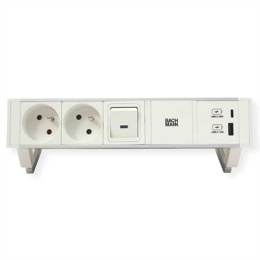 BACHMANN DESK2 ALU WHITE 2xUTE 1xUSB A/C 22W 1xinterrupteur 0,2m