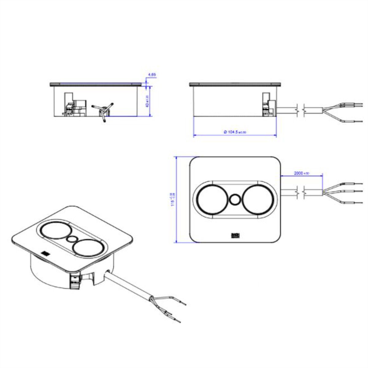 BACHMANN TWIST 2 1xUTE 1xUSB A/C 22W 2,0m AEH RAL9005 30GE carré, Mess.p.Ph. 5G4 CEE3x32A Lan Commutation p.D.