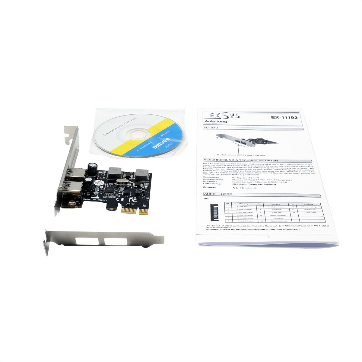 EXSYS EX-11192 Carte PCIe 2 ports USB 3.2 Gen 1 avec Self Power