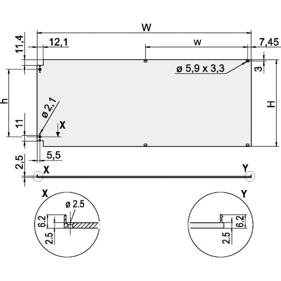 SCHROFF Face avant, blindée, charnières latérales, 3 U, 84 CV, 2,5 mm, alu