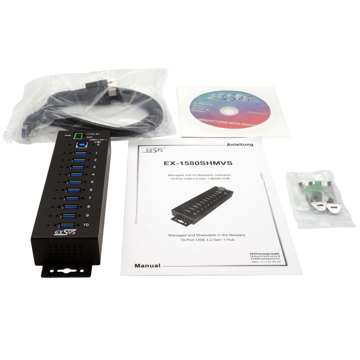 EXSYS EX-1580SHMVS Hub USB 3.2 Gen 1 métallique à 10 ports, géré, partageable en réseau, protection ESD 15 kV