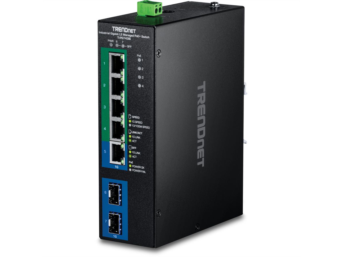 TRENDnet TI-PG743Bi Switch industriel Rail DIN Gigabit PoE+ L2 administrable à 7 ports 24 – 57V