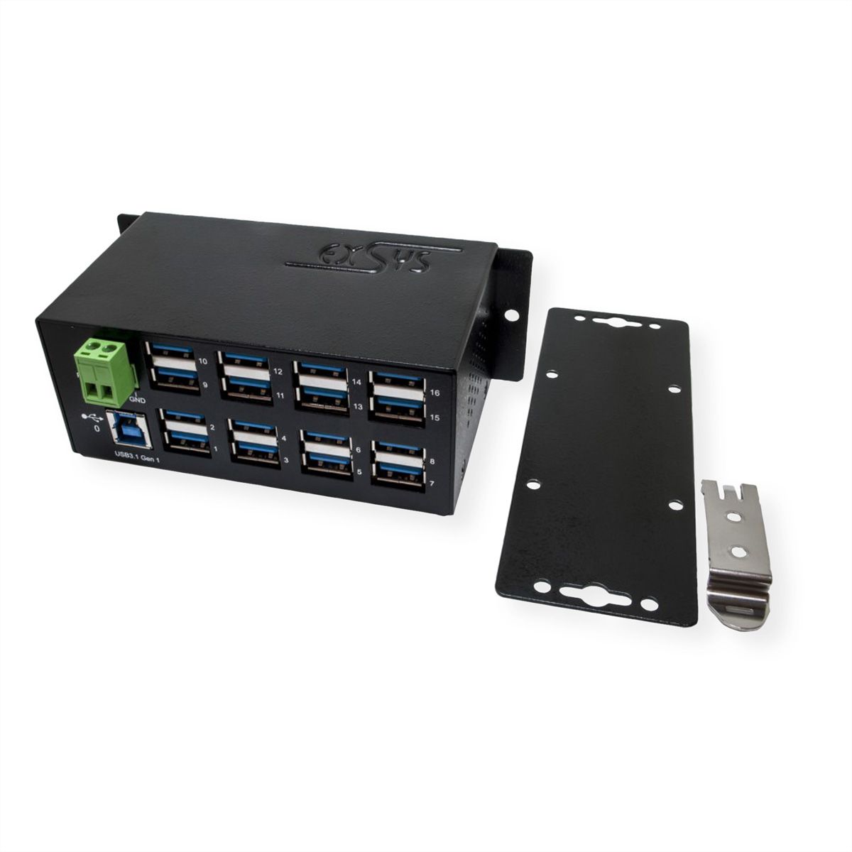 EXSYS EX-1113HMVS Hub à 16 ports USB 3.0/3.1(Gen1), protection de surtension et kit rail DIN