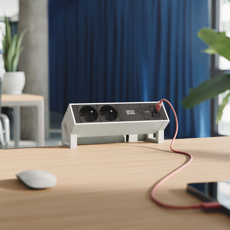 BACHMANN DESK2 2xUTE 1xUSB C/C 45W, L=0,2m RAL9010