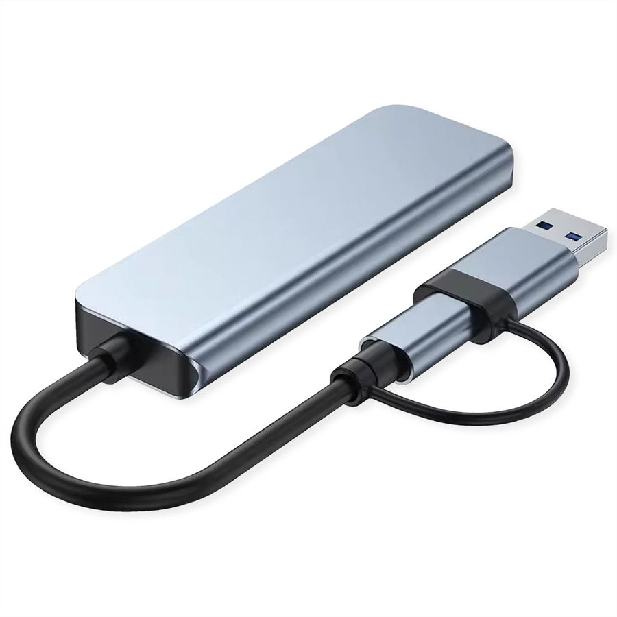 VALUE Hub métallique 4 ports type A, (1x USB 3.2Gen1 + 3x USB 2.0), câble de raccordement type A+C