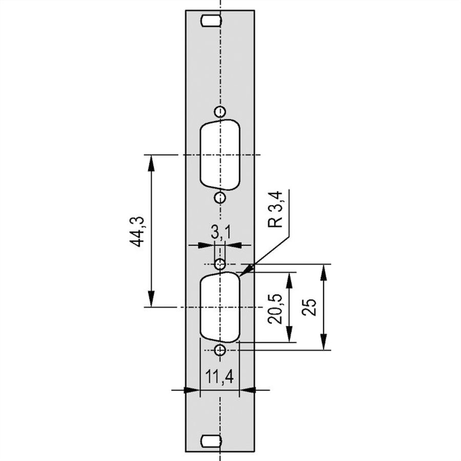 SCHROFF Face avant 19" avec découpe Sub-D, 2x9 broches, 3U, 4 HP, 2,5 mm, Al, RAL 7035