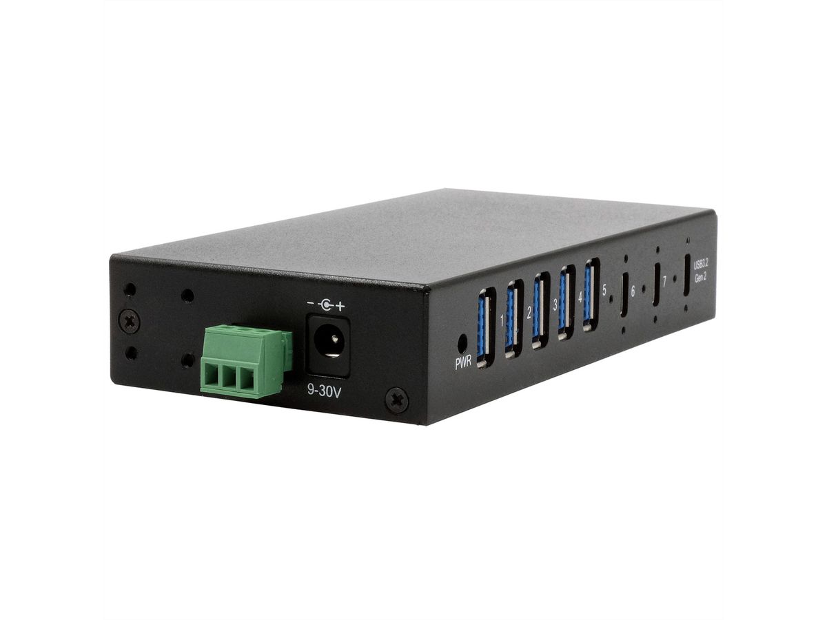 EXSYS EX-12297HMS HUB métallique 7 ports USB 3.2 Gen 2x1, 2x USB-C et 5x USB-A 3.2 Gen 1, pour table, mur et rail DIN