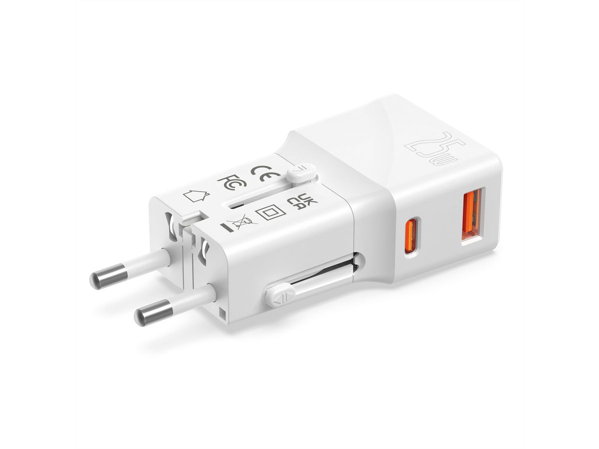 ROLINE Chargeur de voyage USB avec prise UK/US/Euro, 2 ports, 1x QC3.0 A + 1x C (PD), 25W