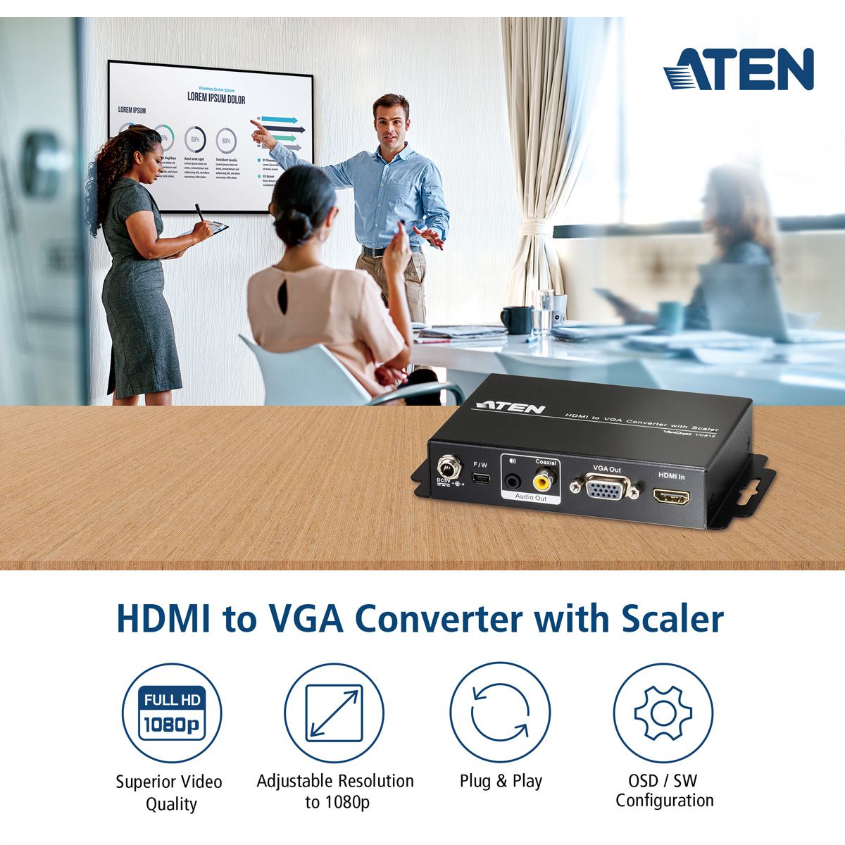 ATEN VC812 Convertisseur HDMI-VGA avec convertisseur de format d'image