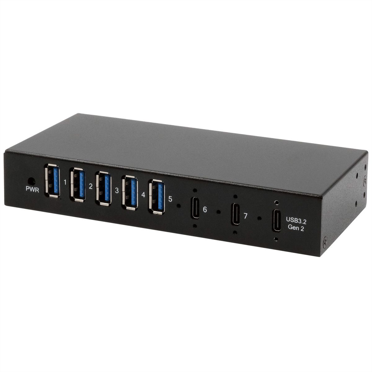 EXSYS EX-12297HMS HUB métallique 7 ports USB 3.2 Gen 2x1, 2x USB-C et 5x USB-A 3.2 Gen 1, pour table, mur et rail DIN