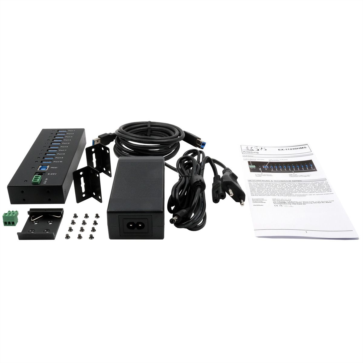 EXSYS EX-11230HMS HUB 10 ports USB 3.2 Gen 1 Din-Rail Kit et mur VIA VL811+ Chipset