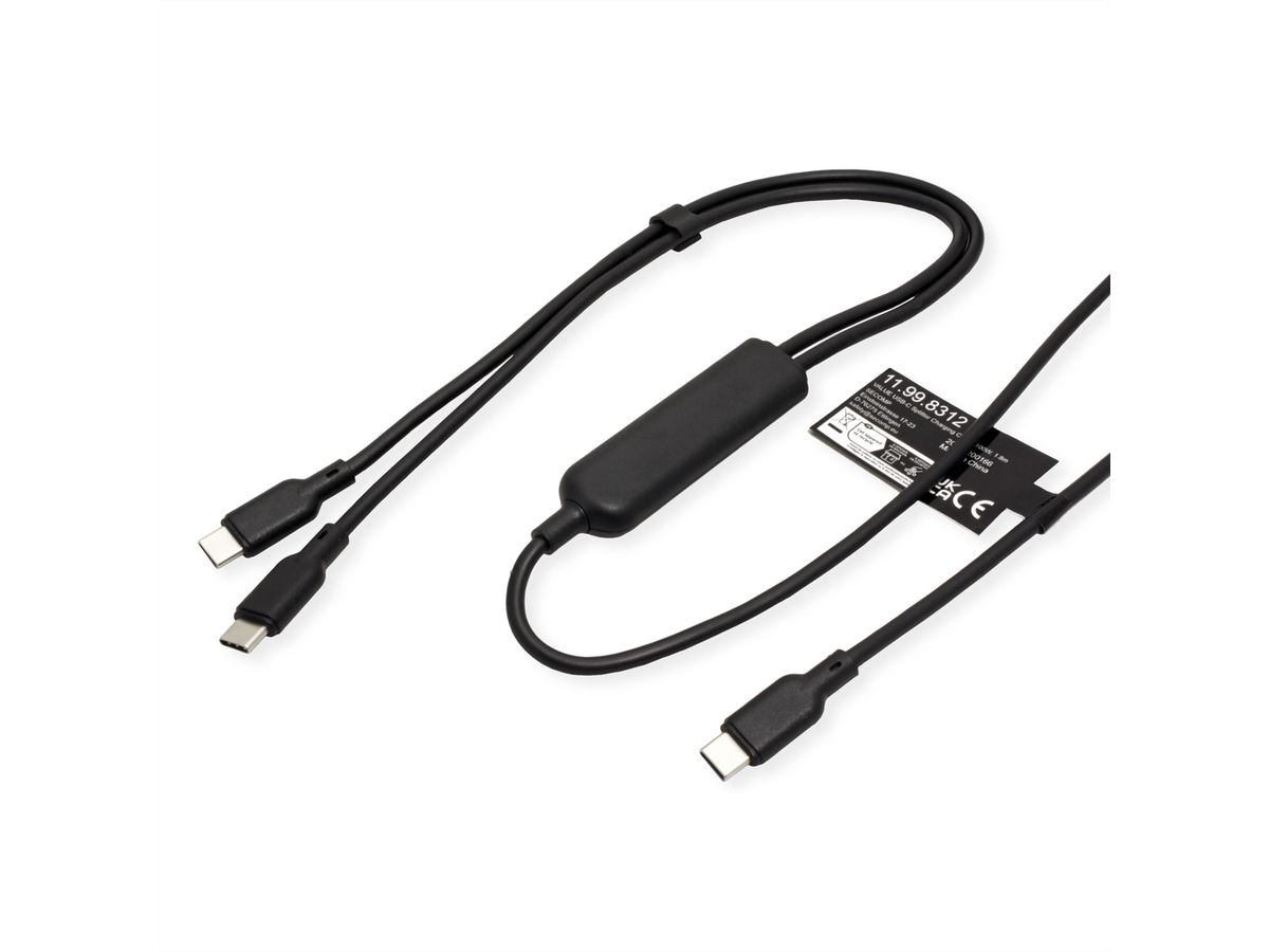 VALUE Câble de chargement USB2.0 en Y, Type C vers 2x C, M/M, max. 100W, noir, 1,8 m