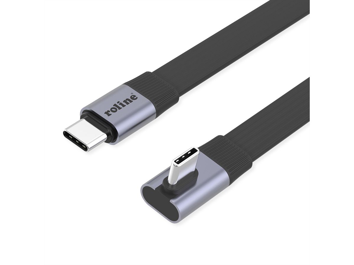 ROLINE Câble USB4 2.0 plat, C–C, M/M, un côté coudé à 90°, 8K UHD-2, 80Gbit/s, 240W, noir, 0,8 m