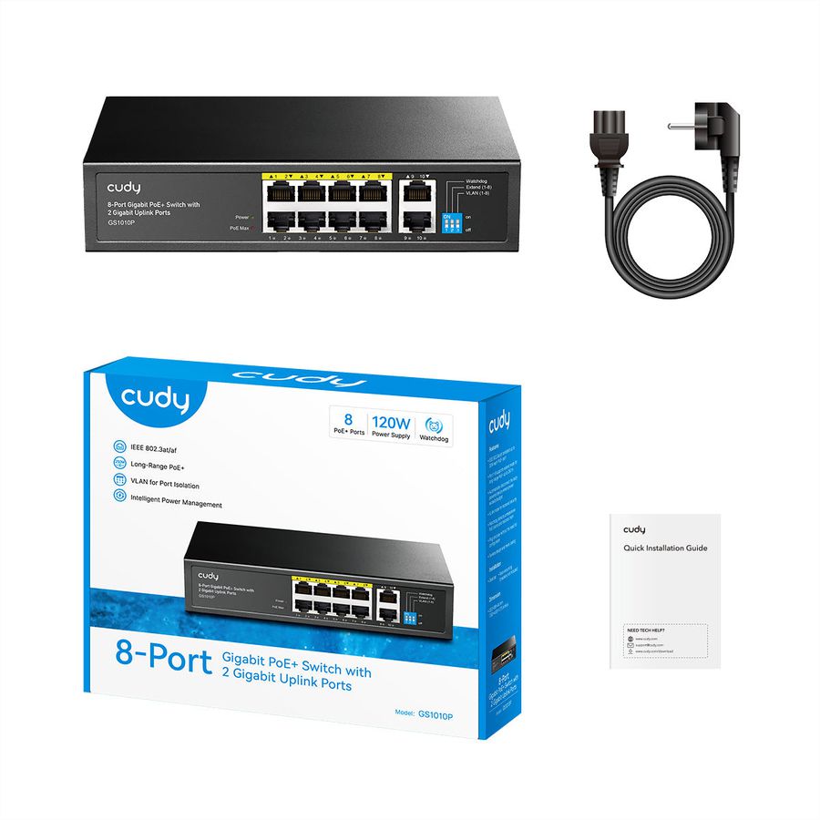 CUDY GS1010P Switch 8 ports Gigabit PoE+, avec 2 ports Gigabit Uplink 120W