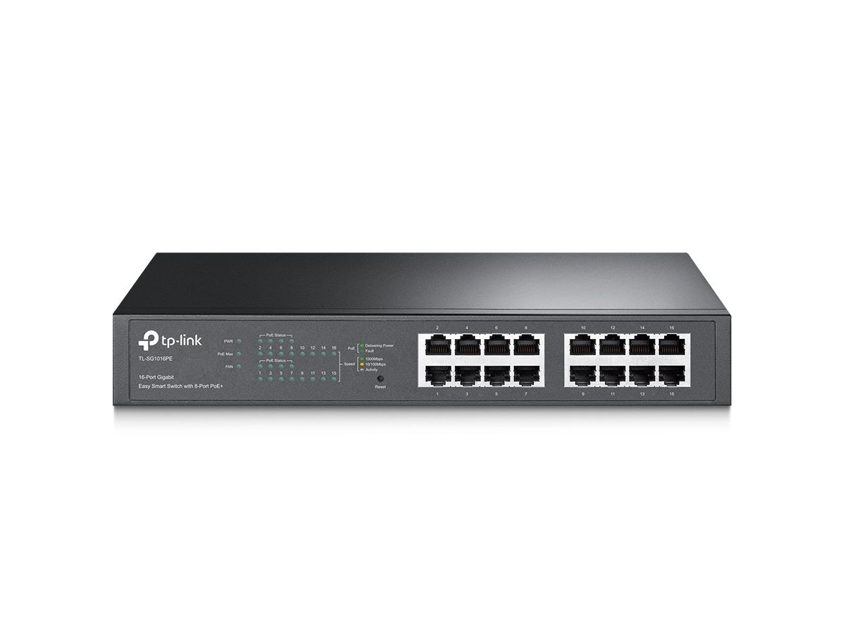 TP-LINK TL-SG1016PE commutateur réseau Géré Gigabit Ethernet (10/100/1000) Noir Connexion Ethernet, supportant l'alimentation via ce port (PoE)