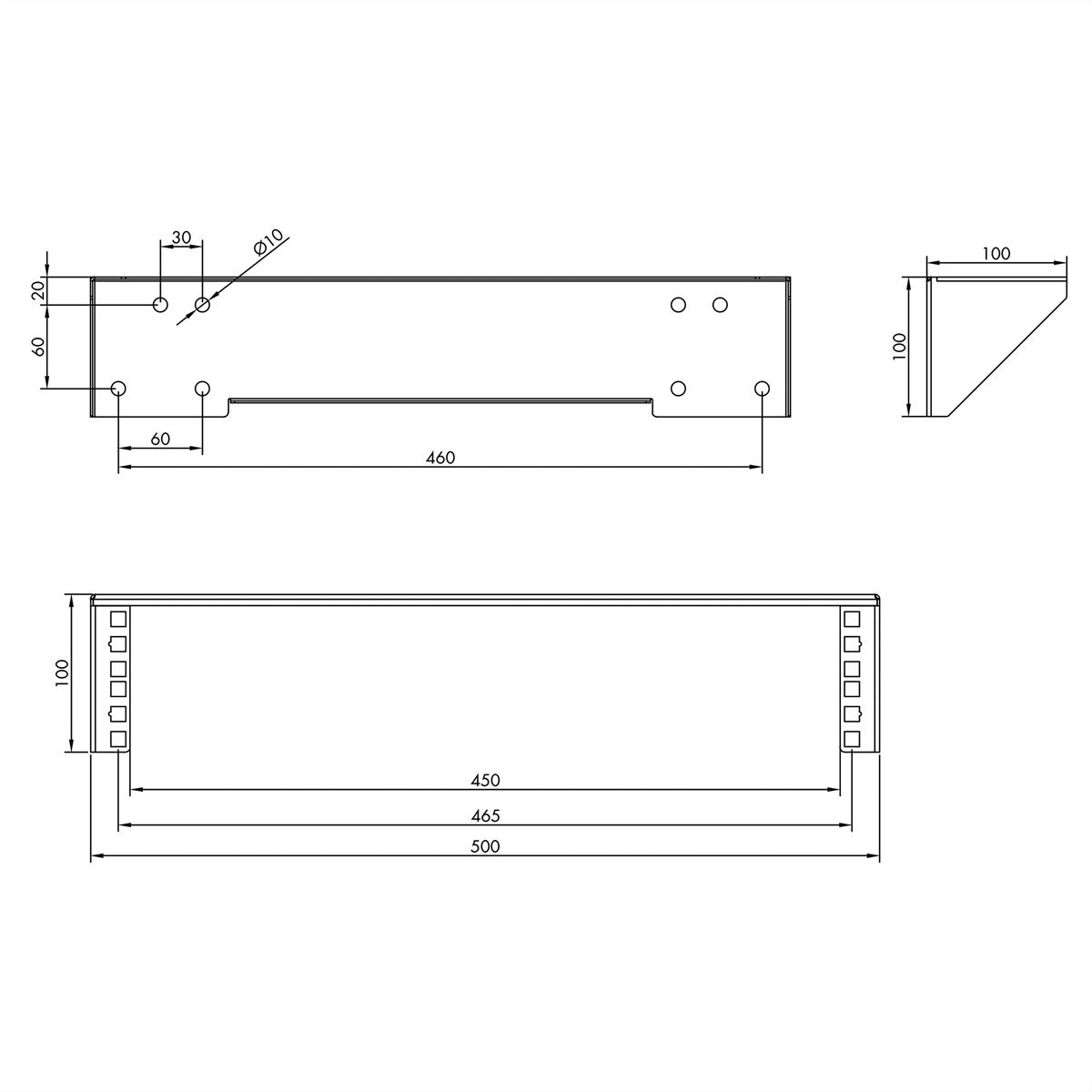 Support 19" mural / sous le bureau, 2 UH, noir
