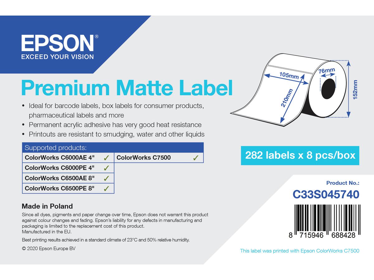 Epson Premium Matte Label - Die-Cut Roll: 105mm x 210mm, 282 labels