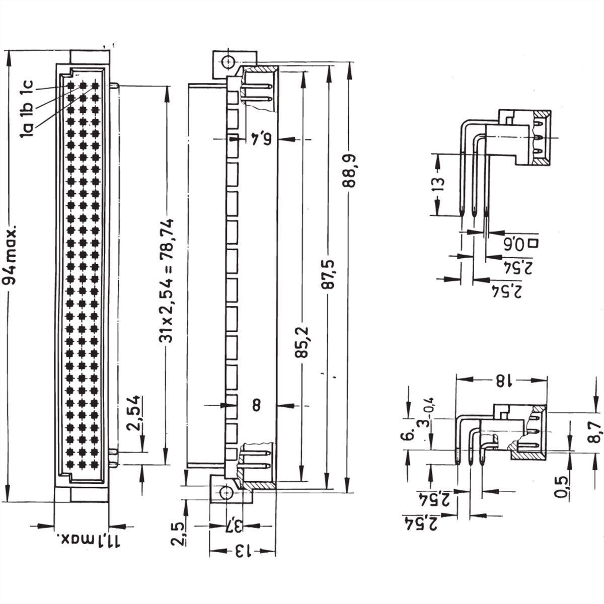 Connecteur SCHROFF de type C, EN 60603, DIN 41612, femelle, 64 contacts, broches à souder, 2.5 mm