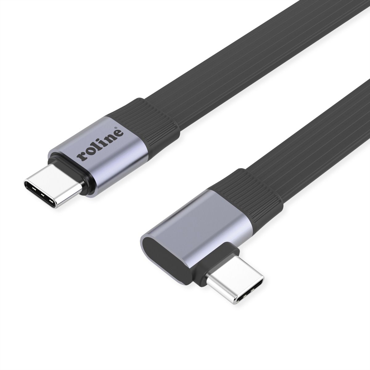 ROLINE Câble USB4 2.0 plat, C–C, M/M, 8K UHD-2, 80Gbit/s, 240W, un côté coudé à 90°, noir, 0,13 m