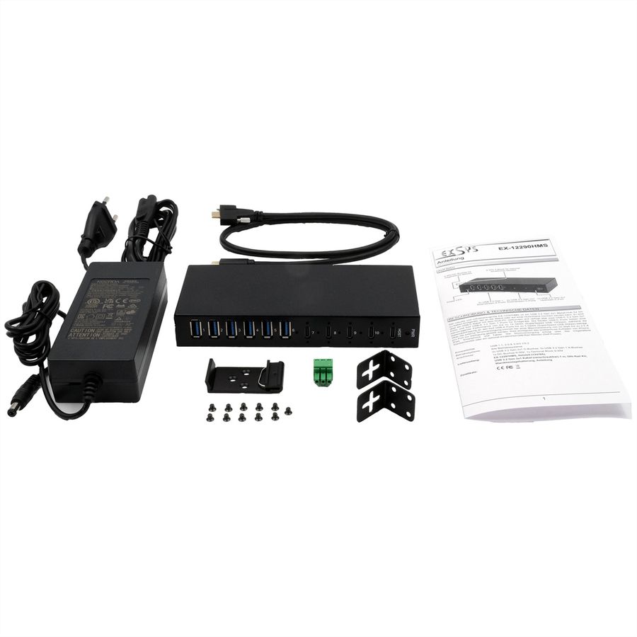 EXSYS EX-12290HMS HUB métallique 10 ports USB 3.2 Gen 2x1, 4x USB-C et 6x USB-A 3.2 Gen 1, pour table, mur et rail DIN