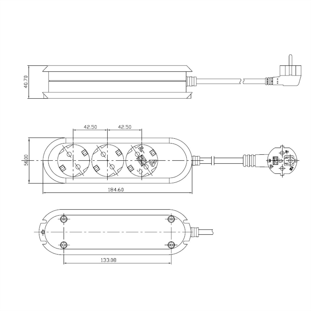 BACHMANN Prise multiple, 3x, noir, 3 m