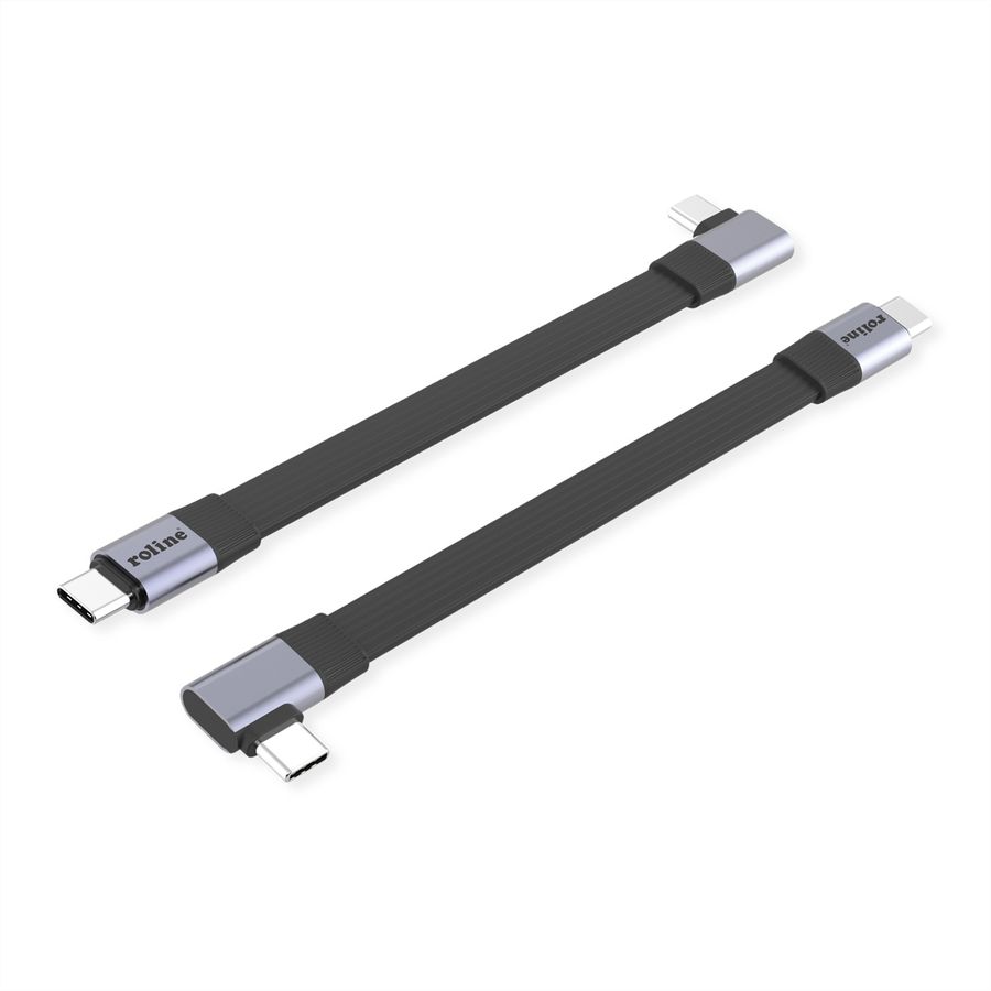 ROLINE Câble USB4 2.0 plat, C–C, M/M, 8K UHD-2, 80Gbit/s, 240W, un côté coudé à 90°, noir, 0,13 m
