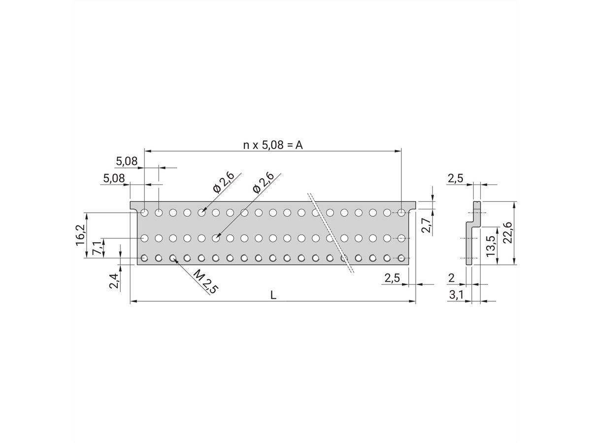 Rail en Z pour connecteur, EN 60603-2, 40 HP