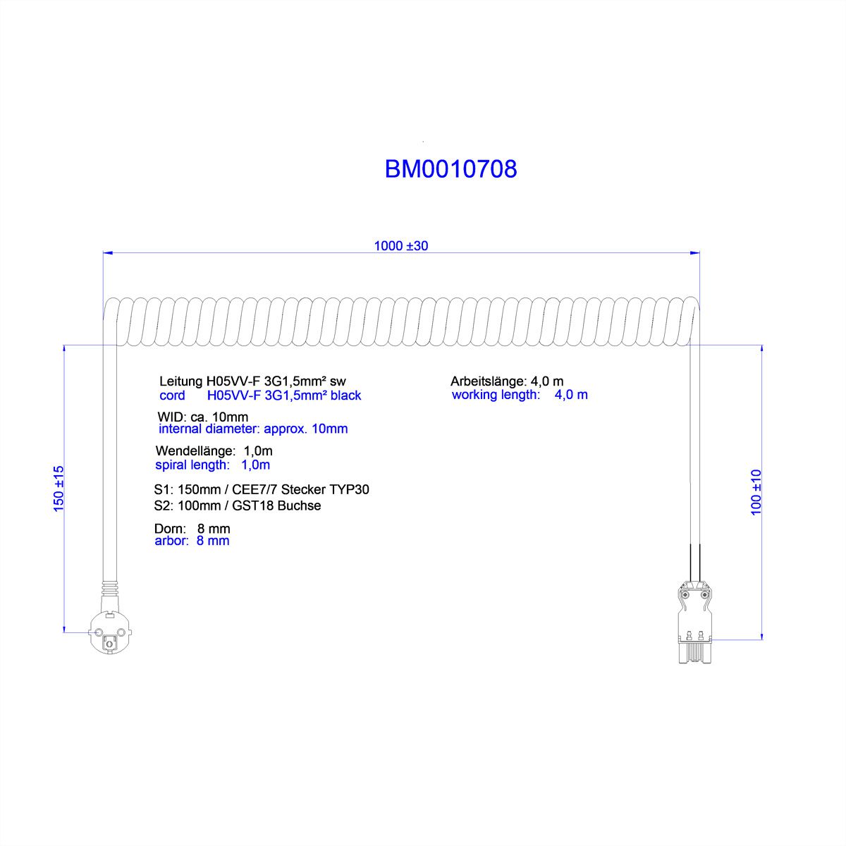 BACHMANN Câble spiralé H05VV-F 3G1,5mm² L:1,0m noir ISV/CEE7/7